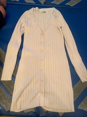 Abercrombie & Fitch Long-Sleeve Ribbed Button-Front Cardigan in Light Beige